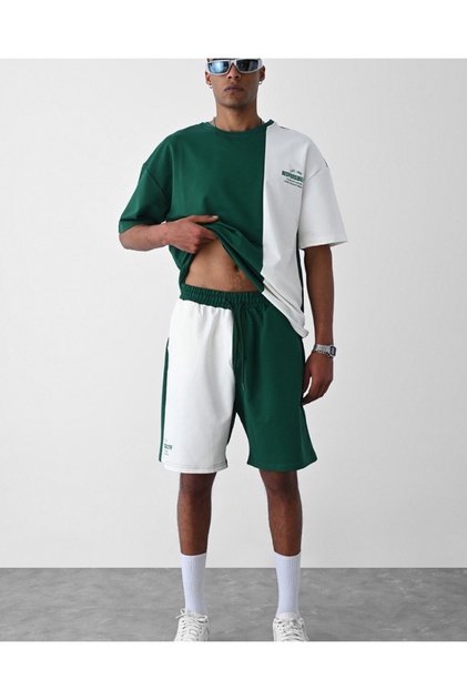 Large Size Green and White Piece Responsibility Printed Shorts T-shirt Summer Suit