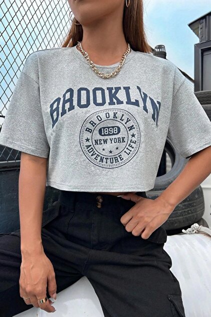 MODAGEN Women's Oversize Crop T-shirt Gray Brooklyn Printed- Trendyol