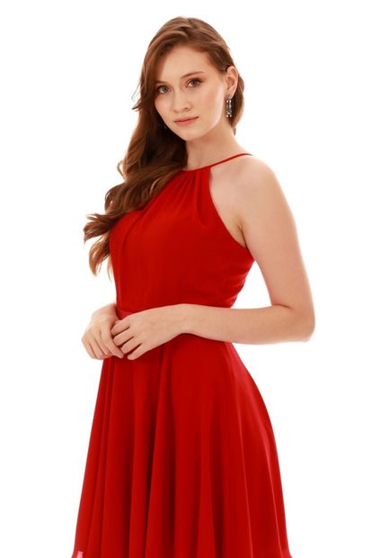 Carmen Kırmızı Beli Saten Askılı Kısa Abiye Elbise - 4