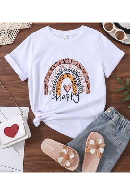 White Happy Minimal Heart Belt Printed Children's T-Shirt