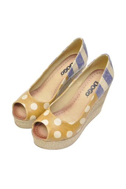 Dogo Kadın Vegan Deri Sarı Dolgu Topuk Ayakkabı - Stripes And Dots Tasarım - 2