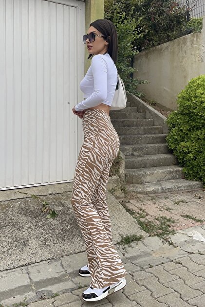 İksora Kadın Kahverengi Zebra Desenli Ispanyol Paça Likralı Pantolon - 4