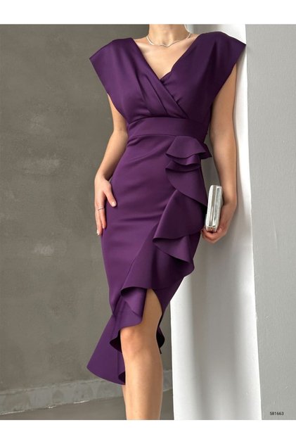 Purple Flounce Sleeveless Double Breasted Long Evening Dress, Engagement Dress, Wedding Dress Md-1 64475 Emr-095