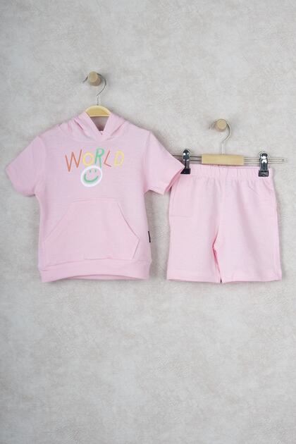 World Smiling Face Hooded Kids' Double Set with Kangaroo Pocket Shorts