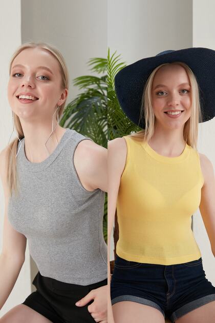 Women's Yellow Gray Halter Neck Ribbed 2 Pack Crop Blouse