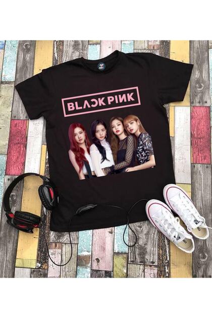 Tricou negru unisex cu mânecă scurtă cu imprimeu anime Blackpink Group pentru copii