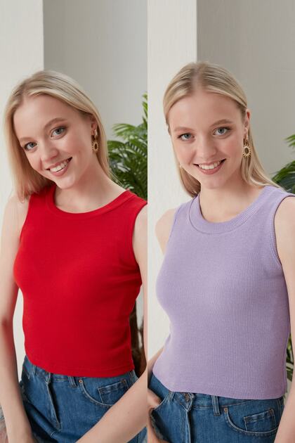 Women's Red Lilac Halter Neck Ribbed 2-Pack Crop Blouse