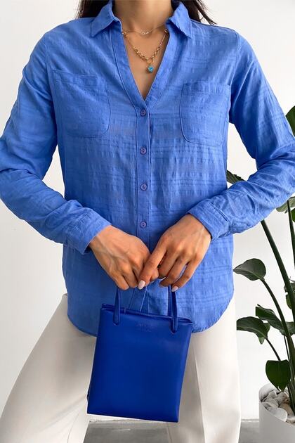 Women's Blue V-Neck Double Pocket Folding Sleeve Slim Fit Shirt
