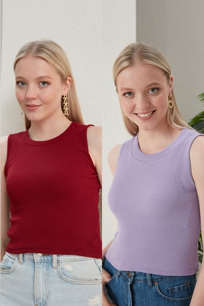 Women's Burgundy Lilac Halter Neck 2-Piece Crop Blouse