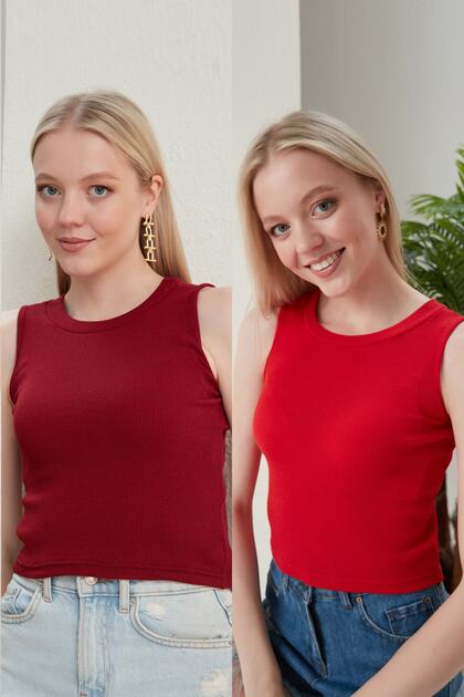 Women's Burgundy Red Halter Neck 2-Piece Crop Blouse
