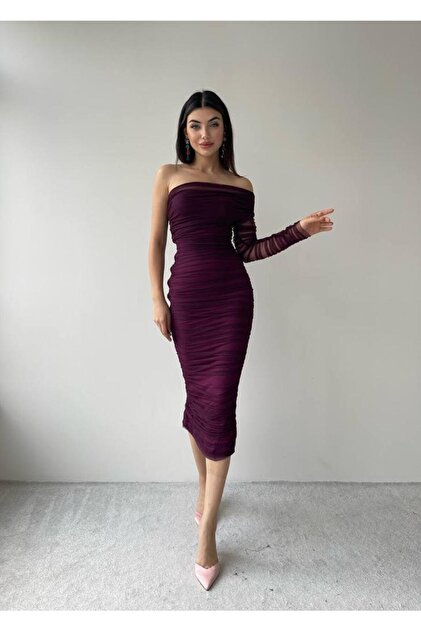 Afi Butik Plum Purple One Shoulder Tulle Draped Midi Dress- Trendyol