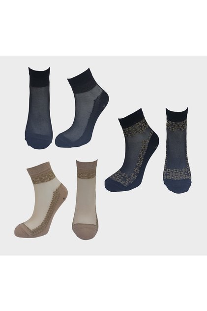 Women's Thin Socket 3-Piece Socks, Women's Socks, Black Socks, Skin Colored Socks, Socket Socks, Patterned Socks
