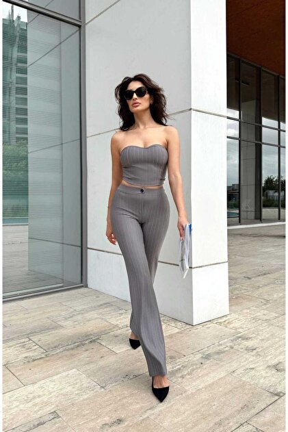 ZF BUTİK Women's Striped Bustier Double Set Gray- Trendyol