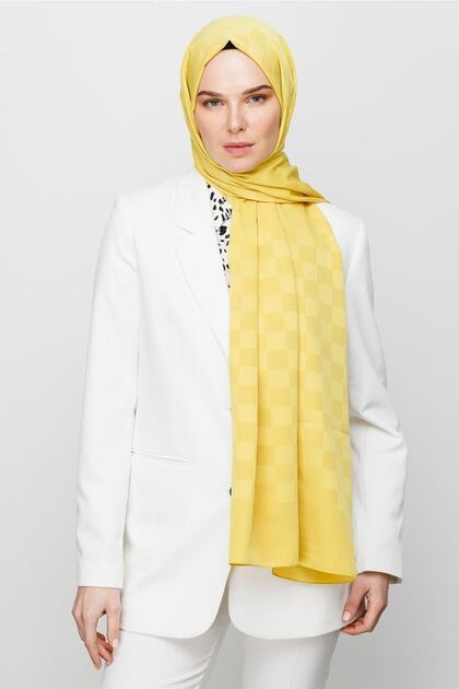 Yellow Checkerboard Pattern Silky Jacquard Shawl