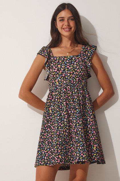 Women's Black Pink Summer Floral Viscose Dress FF00131