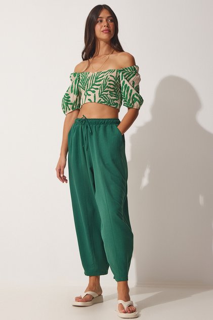 Women's Emerald Green Pocketed Linen Viscose Shalwar Trousers CV00001