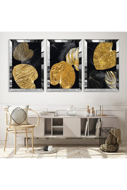Triple Abstract Pattern Triple Mdf Table Set with Silver Mirrored Plexi Frame