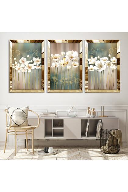 Gold Mirrored Plexiglass Framed Collage Drawing White Flower Triple Mdf Painting Set