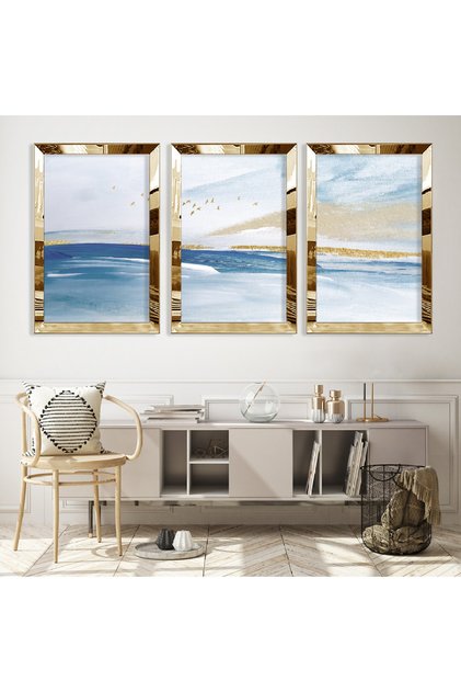 Gold Mirrored Plexi Framed Sea Mirrored Triple Mdf Table Set