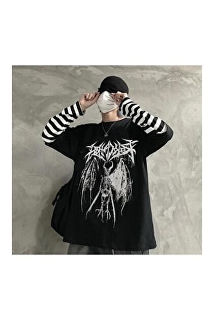 Touz Gothic Harajuku Fashion Winged Skeleton Oversize Unisex Uzun