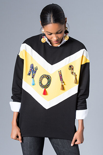 Cool & Sexy Kadın Siyah Renk Bloklu Sweatshirt M351 - 2
