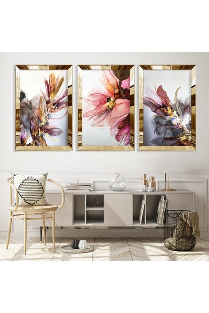 Gold Mirrored Plexi Framed Colorful Flower Triple Mdf Table Set