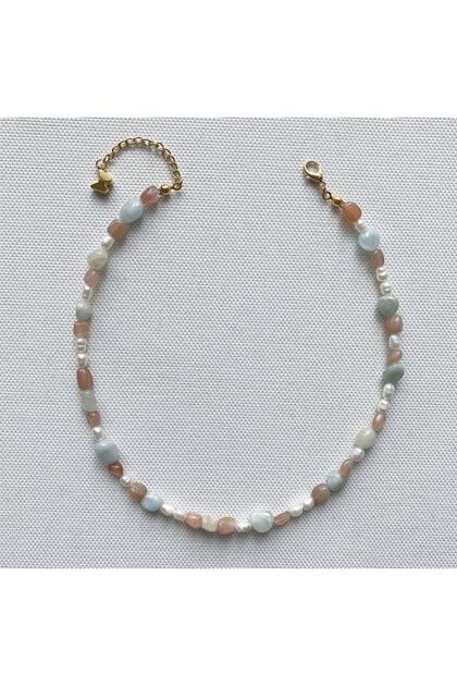 Sun Stone Pearl And Akumarin Natural Stone Design Necklace