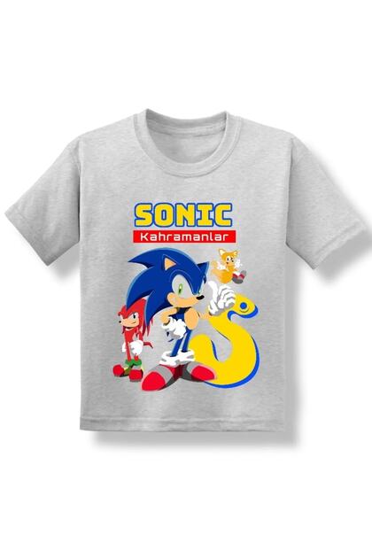 Kids Gray Sonic Heroes Printed Boy Short Sleeve T-shirt 3-14 Years