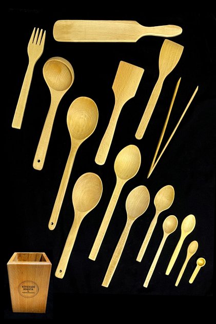 16 Piece Oiled Beech Wooden Spoon Wooden Spatula Serving Ladle Wooden Fork Tongs Set - with Wooden Stand