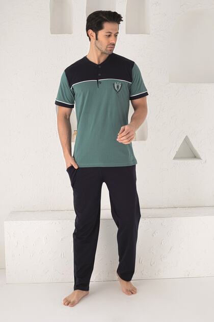 Short Sleeve, Six Long Spacers, Pockets, Three Buttons, Green Color Men's Pajamas Set