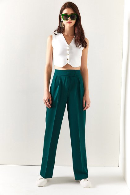 Women's Emerald Green Velcro Waist Pleated Palazzo Trousers PNT-19000222