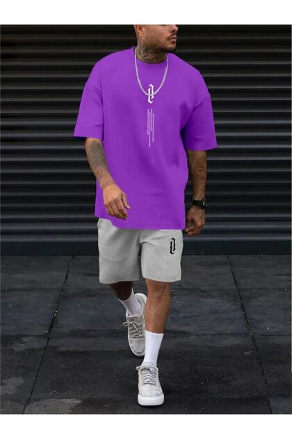 Men's Purple Vertical Printed Oversize Shorts T-Shirt Set