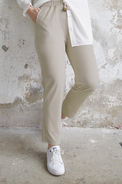 Pantaloni din Tesatura Dubla Lycra cu Talie Elastica - Crem