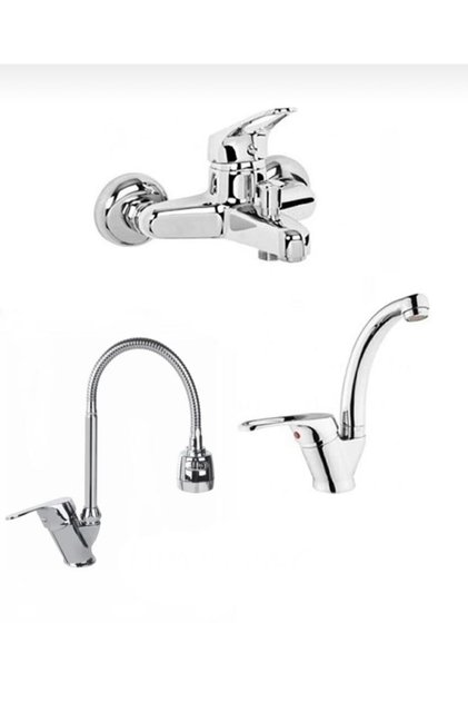 3 Lü Set Banyo Bataryası Kobarlı Oynar Başlıklı Mutfak Evye Bataryası Ve Kuğu Lavabo Btaryası