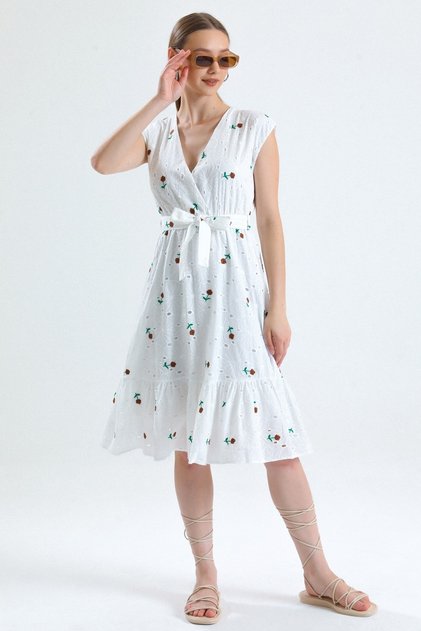 Women's Brown Lined Belted Floral Embroidered Sleeveless Double Breasted Brode Dress