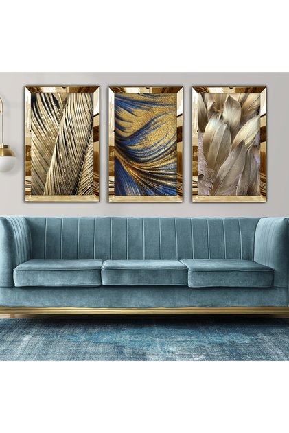 Gold Mirrored Plexi Framed Collage Drawing Triple MDF Board Set