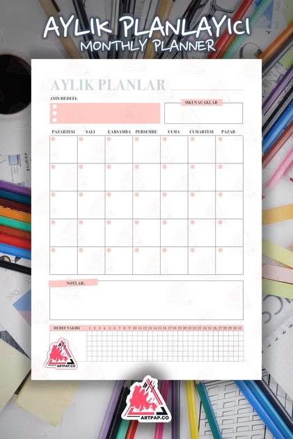 Aylık Hatırlatıcı Planlayıcı | Monthly Planner , Günlük, Haftalık Ajanda, Defter | A5 50syf 15*21cm