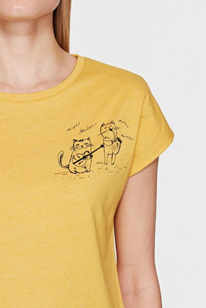 Mavi Kadın Kediler Baskılı Sarı T-Shirt 167910-28790 - 4