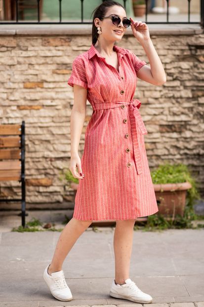 armonika Kadın Kırmızı Beli Kemerli Kısa Kol Keten Çizgili Elbise ARM-19Y001090 - 2