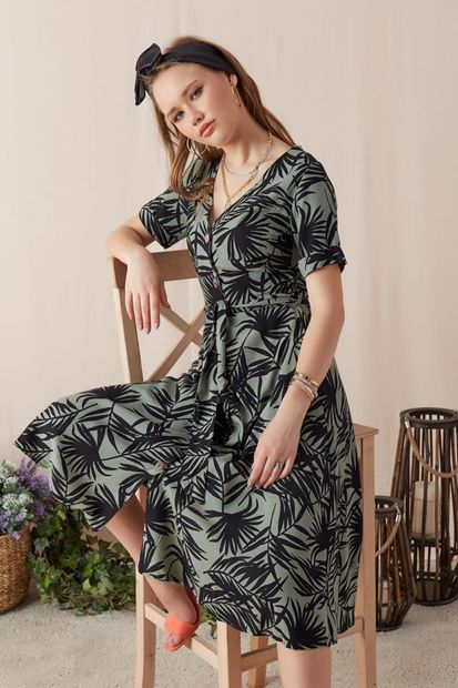 Eka Kadın Kuşaklı Astarlı Desenli Elbise-Haki-Siyah INT-0221-8081-Haki-Siyah - 7