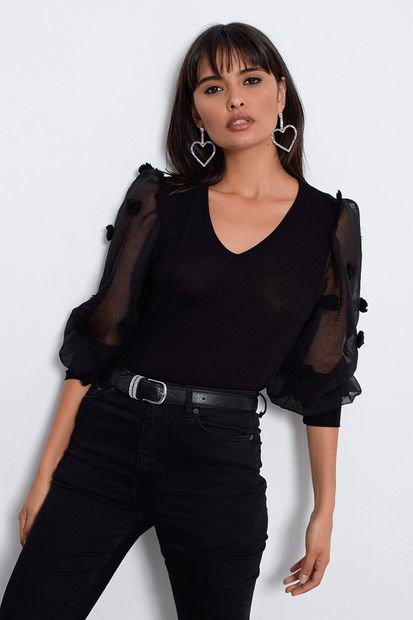 Cool & Sexy Kadın Siyah Organza Kol Ponponlu Bluz BK686 - 5