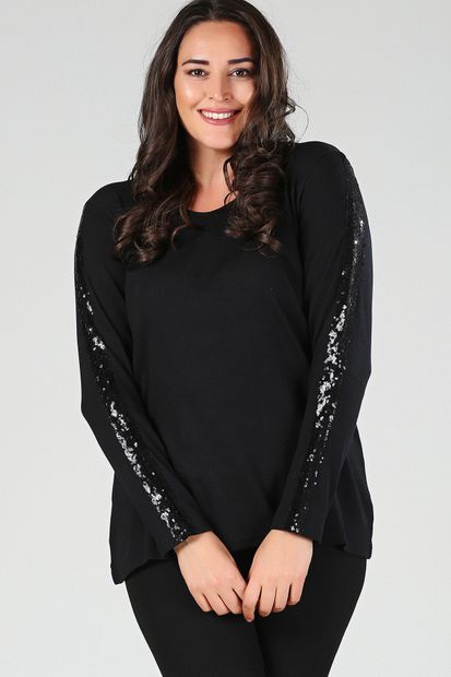 Moda Cazibe Kadın Siyah Kol Pul Payet Detay Bluz M9255 - 2