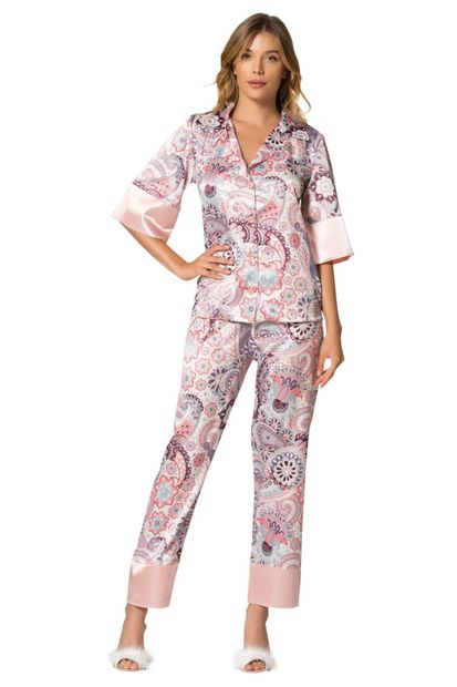 Siyah İnci Kadın Desenli Saten Düğmeli Pijama Takım - 2