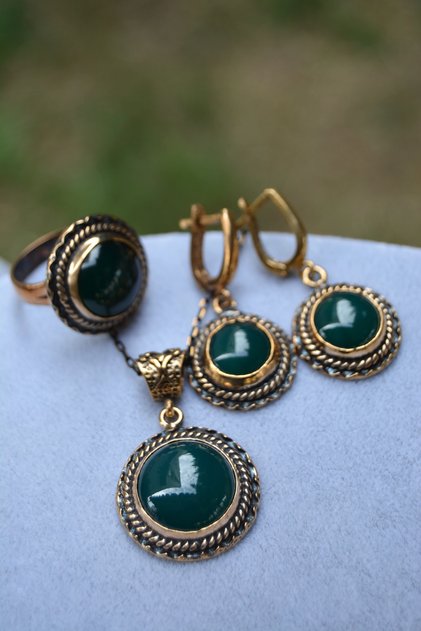 Jewellery Yeşil Akik Doğal Taş Tam Set