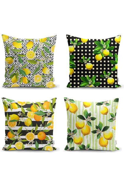 Lemon Patterned Decorative 4-Piece Pillow and Cushion Cover Set