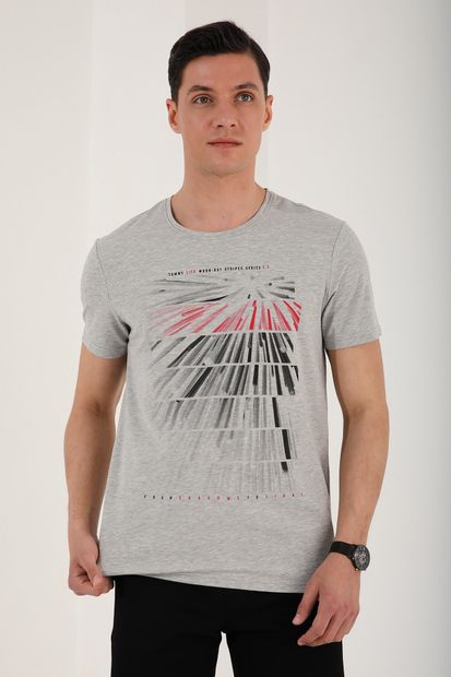 TOMMY LIFE Erkek Gri Melanj  Eskitme Çift Renk Desen Baskılı Rahat Form O Yaka T-shirt - 87959 - 3