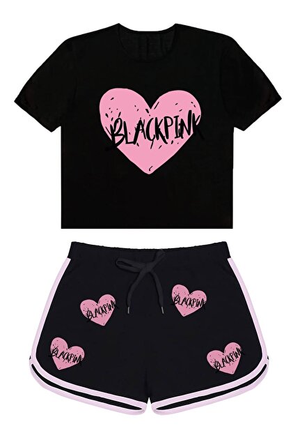 MECH BUTİK Blackpink Kalp Baskılı Thisrt Ve Şort Alt Üst Takım