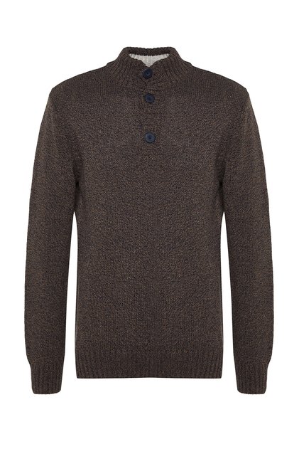 Brown Casual Slim Fit Wool Half Fisherman Buttoned Knitwear Sweater Tmnaw21Kz0394