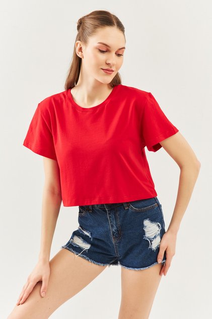 Red Oversize Comfortable 100% Cotton Combed Crew Neck Short Sleeve Basic Crop T-shirt