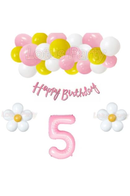 5 Year Old Daisy Themed Balloon Chain Set - Pink Yellow White Balloon - Pink Figure Foil Balloon